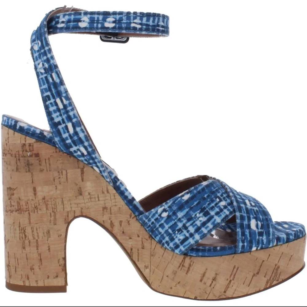 TABITHA SIMMONS gingham Elena blue NWT check cork platform volley 37 and 38.5